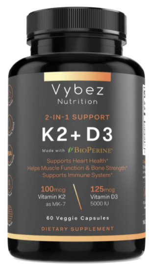 Vybez Nutrition K2 + D3 Supplement 2-in-1 Support with Bioperine
